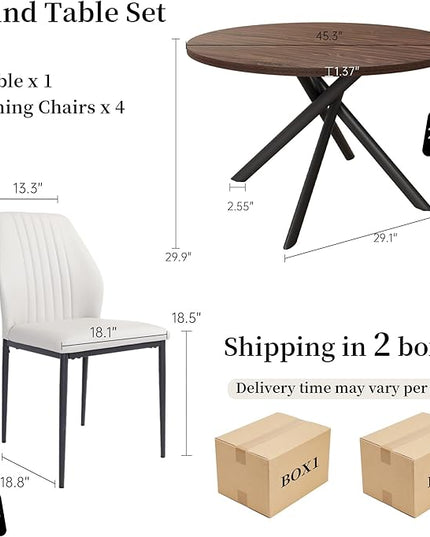 45.3'' Walnut Round Dining Table Set for 4, Mid Century Modern Small Coffee Set for Dining Room Kitchen Apartment (Dark Walnut Table + 4 White Chairs)