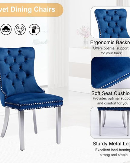 7 Piece Dining Table Set, Modern Glass Dining Table Set for 6, 70" Luxury Glass Table w/Silver Stainless Steel Base & 6 Blue Tufted Chairs, Kitchen Dining Room Sets for 6 for Breakfast Dinner Dinette