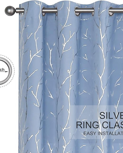 BUHUA Black Out Curtains 84 Inch Long 2 Panels, Soundproof Curtains with Elegant Silver Tree Branches Print, Heat Blocking Curtains for Livingroom, 66W x 84L, Greyish White