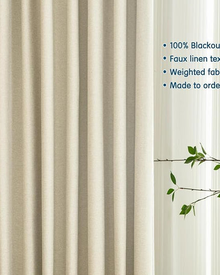 LETAU Pinch Pleats Beige Linen Texture Curtains 84 inches Long, 100% Blackout Privacy Window Curtains Panels Drapery, 100" W x 84" L, 2 Panels