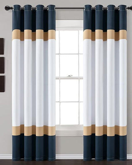 Lush Decor Alexander Color Block Light Filtering Window Curtain Panel Pair, 52"W x 84"L, Navy & Gold