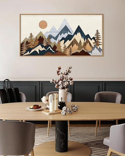 HOURIA Mid Century Mountain Woodland Framed Wall Art Set,Boho Sunrise Pine Tree Wall Decor,Wilderness Nature Forest Artwork,Modern Woodcut Field Art Print for Living Room,Bedroom,Office- 20"x40"x1
