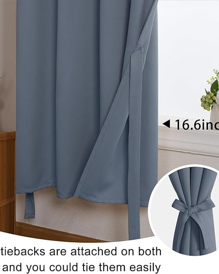 JIUZHEN Short Curtains Kitchen Half Window Blackout Curtains with Tiebacks for Baseroom Shadows, Grommet Curtains for Living Room, Set of 2 Window Curtain Panels, 42 x 30 Inch Length，Dusty Blue