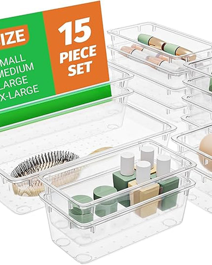 15 PCS Clear Plastic Drawer Organizer Set, 4-Size Acrylic Drawer Storage Trays, Storage Bins for Makeup, Gadgets, and Jewelry in Bathroom, Bedroom and Office, Clear