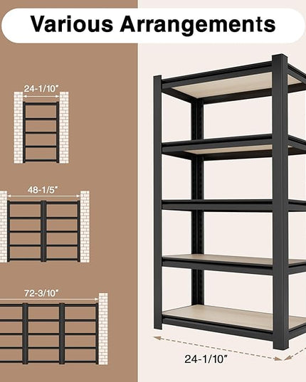 WORKPRO House 5-Tier Shelving Unit, 3000lbs Adjustable Storage Shelves, Boltless Book Shelf, Shelf Organizer for Kitchen, Living Room, Bathroom, Wood Grain Pattern, Waterproof Board, 24-1/10"W, Black