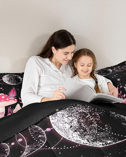 Mushroom Kids Comforter Set Queen Size,Sun Moon Starry Sky Planet Romantic Bedding Set,Boys Girls Adults Room Decor,Plants Leaves Boho Trippy Down Comforter,Pink Dreamy Duvet Insert,2 Pillowcases