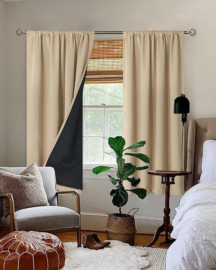 BGment Thermal Insulated 100% Blackout Curtains for Bedroom with Black Liner, Double Layer Full Room Darkening Noise Reducing Rod Pocket Curtain (52 x 63 Inch, Beige, 2 Panels)
