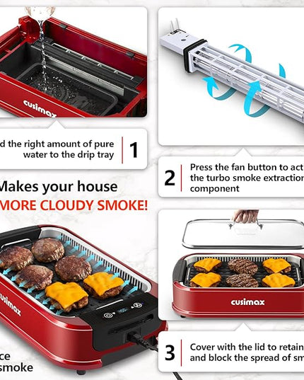 Indoor Grill, CUSIMAX Smokeless Grill Indoor, Electric Griddle, 1500W Korean BBQ Grill with LED Smart Display & Tempered Glass Lid, Non-stick Removable Plate & Griddle Plate, Red