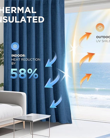 Joydeco Linen Blackout Curtains for Bedroom - 100% Light Blocking 1 Panels, Navy Blue Drapes 100" W x 120" L, Thermal Insulated Room Darkening Curtains for Living Room, Rod Pocket & Back Tabs