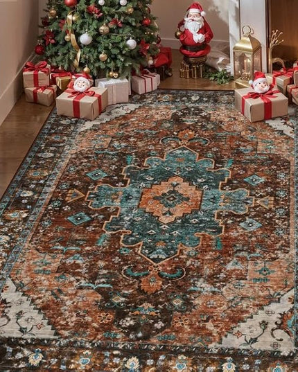 Ciicool Boho Machine Washable Area Rug, 4x6 Rugs for Living Room Non-Slip Bedroom Rug Vintage Rug Ultra-Thin Throw Distressed Large Low-Pile Carpet for Dining Room Office