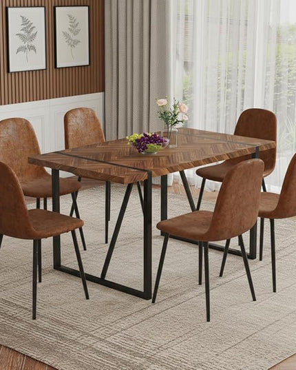 FURNITO 55" Dining Room Table Set for 6, Mid Century Modern Dining Table Set with Upholstered Chairs, Rustic Dark Wood Kitchen Table and Chairs Set for Living Room, Space-Saving & Easy Assembly