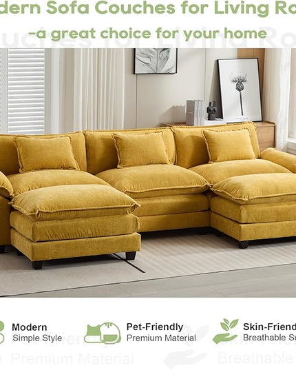 120" Modular Sectional Sofa, Comfy Cloud Couch Sectional Sofa with Ottoman, Chenille Sofa Sleeper Deep Seat Sofa with Throw Pillows for Living Room (Yellow, 120"- U Shape)