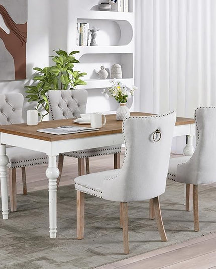 SoarFlash Linen Fabric Dining Chair Set of 4, Upholstered Tufted Dining Room Chair with Nailhead Trim and Solid Light Color Wood Leg for Kitchen (Beige)