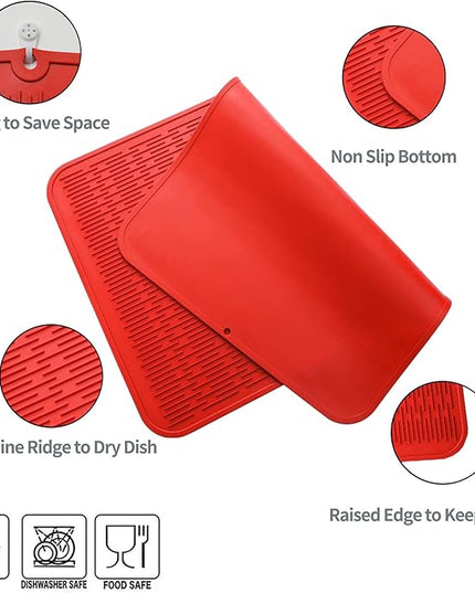 Silicone Dish Drying Mat for Multiple Usage,Easy clean,Eco-friendly,Heat-resistant Silicone Mat for Kitchen Counter or Sink,Refrigerator or Drawer Liner Red 4XL 32 inches x 18 inches