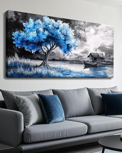 PHAOHUAXM Large Wall Art For Living Room Blue Wall Decor For Bedroom Black White And Blue Trees Wall Pictures Restaurant Office Frame Printing Canvas Large Artwork Modern Home Decoration 30x60 in