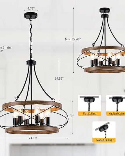 6-Light Farmhouse Chandelier, 23.62" Rustic Drum Dining Room Light Fixture, Vintage Wood Finish Metal Hanging Pendant Lighting, Industrial Candle Chandeliers for Living Room Kitchen Entryway Bedroom