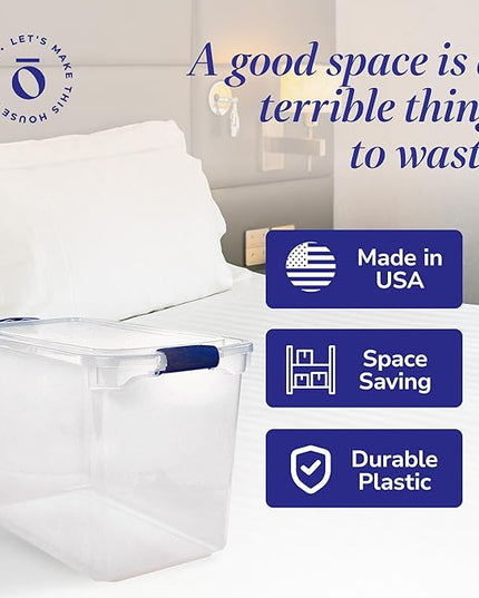 HOMZ 2-Pack Latching Lid, Clear Plastic Storage Organizer Bins, 112 Quart, Blue Latch - Stackable Organizing Containers for Home, Garage, and Office