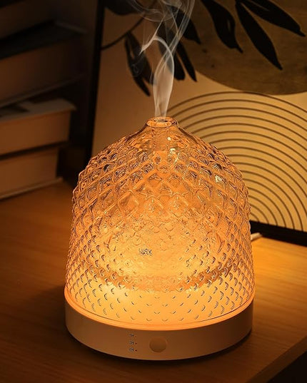 Glass Essential Oil Diffuser, 200ml Ultrasonic Aroma Diffusers with Glass Reservoir Dome & White Plastic Base Lock Color Auto-Off Timer 7 Color Light for Home Office Bedroom Yoga