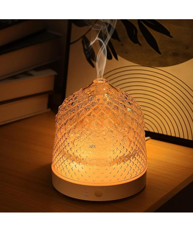 Glass Essential Oil Diffuser, 200ml Ultrasonic Aroma Diffusers with Glass Reservoir Dome & White Plastic Base Lock Color Auto-Off Timer 7 Color Light for Home Office Bedroom Yoga