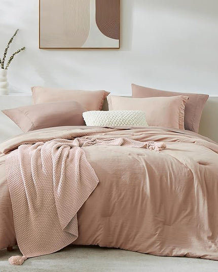 WRENSONGE King Comforter Set, 7 Pieces Clay Pink Soft Bed in a Bag King with Fitted Sheet, Flat Sheet, 2 Pillow Shams, and 2 Pillowcases- Warm Bedding Set for All Season