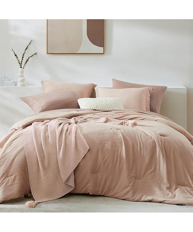 WRENSONGE King Comforter Set, 7 Pieces Clay Pink Soft Bed in a Bag King with Fitted Sheet, Flat Sheet, 2 Pillow Shams, and 2 Pillowcases- Warm Bedding Set for All Season