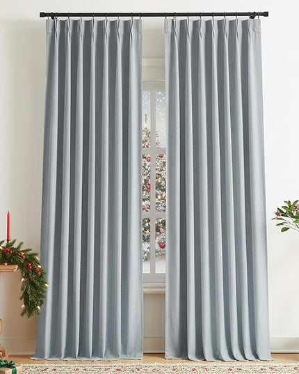 Vision Home Pinch Pleated Full Blackout Curtains Linen Blended Room Darkening Window Curtains 84 inch for Living Room Bedroom Thermal Insulated Pinch Pleat Drapes with Hooks 2 Panel 40"Wx84"L,Blue Fog