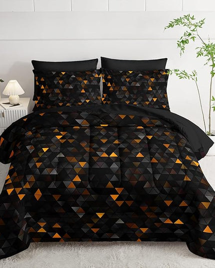 Geometric Yellow Black Triangle Full Size Comforter Set,Light Honeycomb Bedding Set 7 Piece in A Bag,Bed Sheet Set Geometry Decor,Microfiber Lightweight All Season