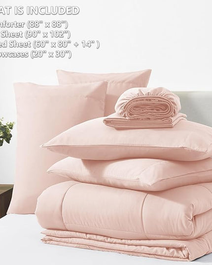 CozyLux Queen Comforter Set Blush Pink, 7 Pieces Bed in a Bag, Pink Comforter Queen Size, All Season Bedding Sets with Stitch Quilted Comforter, Flat Sheet, Fitted Sheet, Pillowcases