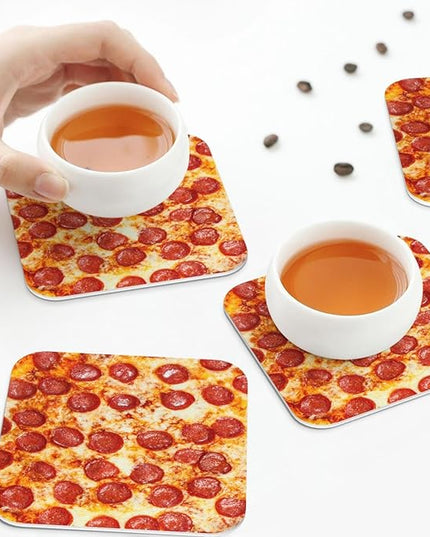 Marble Coasters Square Leather Drinks Coaster Set with Holder for Coffee Table Bar Home Decor 4 Inches Set of 6 (Pizza, One Size)