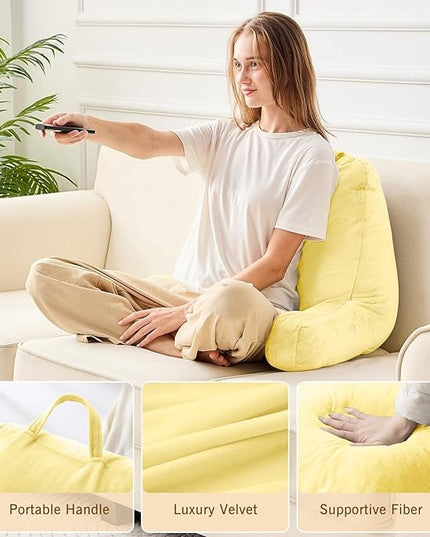 Sasttie Reading Pillow, Velvet Back Pillow for Bed Sitting Up, Adult Back-Rest Support Cushion with Arms for Sit Up on Couch, Sofa, and Floor, Dorm Essentials, Reading Accessories, Light Yellow