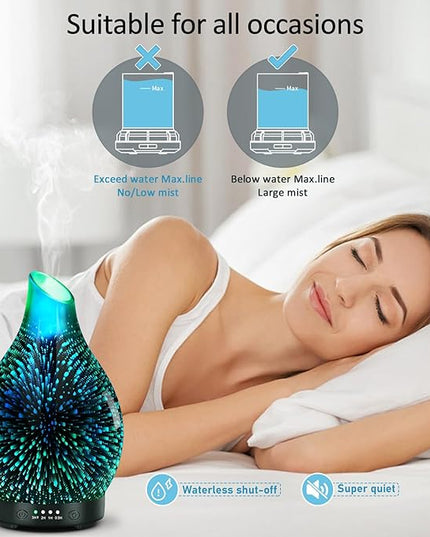 Essential Oil Diffuser 120ML -3D Firework Glass Aromatherapy Diffusers for Essential Oils with 4 Timer Setting Waterless Auto Shut-Off Silent Operation 7 Colors Lights Changing for Room, Office, Yoga