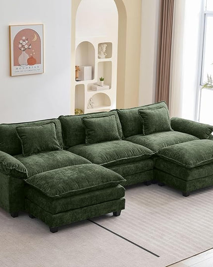 120" Modular Sectional Sofa, Comfy Cloud Couch Sectional Sofa with Ottoman, Chenille Sofa Sleeper Deep Seat Sofa with Throw Pillows for Living Room (Green, 120"- U Shape)
