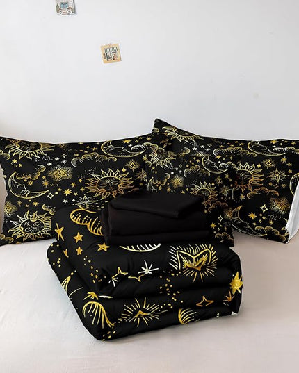 Merryword 8 Pcs Universe Bed in a Bag Sun and Moon Comforter Set Full Size Galaxy Bedding Black Gold Moon Star Pattern Bohemian Gothic Comforter Set