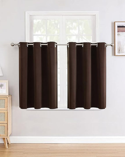 ChrisDowa Small Window Curtains for Kitchen and Bedroom - Grommet Short Thermal Insulated Room Darkening Curtains (2 Panels, Brown, 34 x 36 Inch)