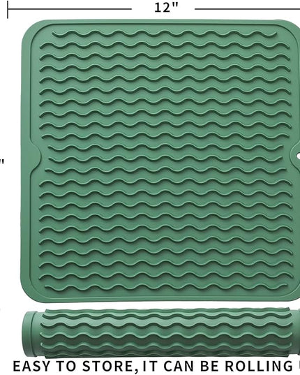 Silicone Dish Drying Mat for Multiple Usage,Easy clean,Eco-friendly,Heat-resistant Silicone Mat for Kitchen Counter or Sink,Refrigerator or Drawer liner Green M 12 inches x 12 inches