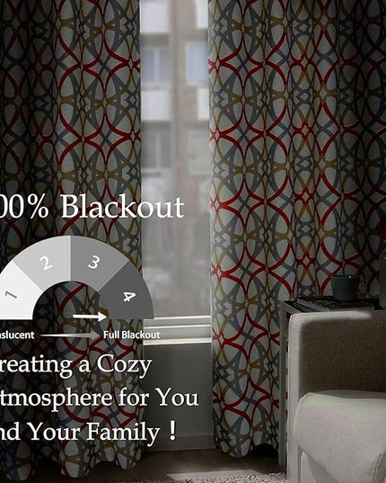 DriftAway Alexander 100% Blackout Curtains for Living Room Linen Blend Pattern Match Thermal Insulated Room Darkening Geo Moroccan Mid Century Grommet Bedroom Drapes 2 Panels 52 x 96 Inch Linen Red