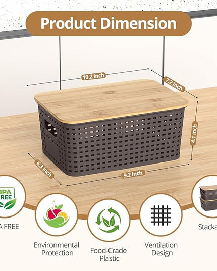 Plastic Storage Baskets with Bamboo Lids, Stackable Small Box Bins for Organizing and Containers for Shelves Drawers Desktop Closet Pantry Classroom Office Home, 6 Pack 10.2x7.2x4.1 Inch, Brown