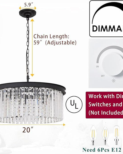Modern Luxury Black Crystal Chandelier, 20" Small Pendant Light for Entryway, Dining Room, Foyer, Kitchen, Hallway