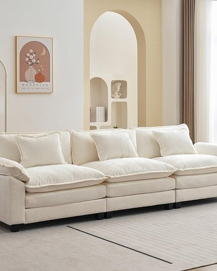 120" Modular Sectional Sofa, Comfy Cloud Couch Sectional Sofa, Chenille Sofa Sleeper Deep Seat Sofa with Throw Pillows for Living Room (Beige White, 120"- 3 Seater)
