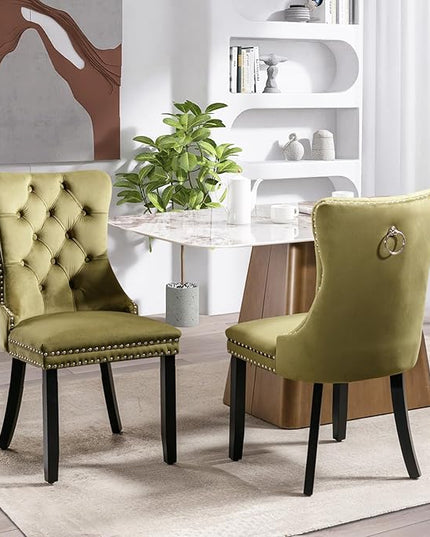 SoarFlash Velvet Dining Chairs Set of 2, Tall Back Side Chair, Modern Upholstered High-end Tufted Side Chair with Button Back Ring, Solid Wood Legs (Olive Green)