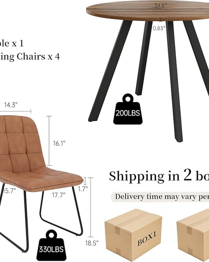 34.6'' Round Dining Table and Chairs for 4 Space Saving for Apartment Kitchen Dining Room (Walnut Table+4 U-Shaped Brown Chairs)