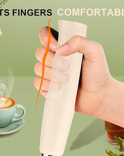 YUSWKO Beige Handheld Milk Frother Wand with Stand for Coffee, Rechargeable Electric Whisk with 3 Heads 3 Speeds Drink Mixer Coffee Frother For Latte, Cappuccino, Hot Chocolate, Egg