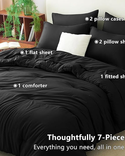 CozyLux Oversized Queen Comforter Set Black, 7 Pieces Bed in a Bag Comforter Set with Sheets, Soft Bedding Sets with Down Alternative Comforter, Fitted Sheet, Flat Sheet, Pillow Shams and Pillowcases
