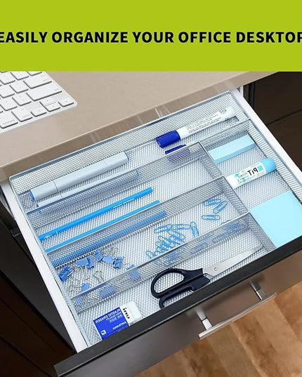 Neudeco Silverware Drawer Organizer Holder, Cutlery Tray Silverware Flatware Storage Divider for Kitchen, Bedroom, Living Room,Mesh Wire with Non-slip foam Feet, 5 Compoment（ Silver）