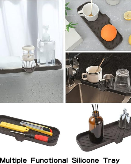 Silicone Bathroom Soap Dishes with Drain Spout-Bathroom and Kitchen Sink Organizer,Sponge Holder,Dish Soap Tray,Perfect for Dispenser,Scrubber,Bottle,Cup on Sink or Counter-Coffee 12"×4"