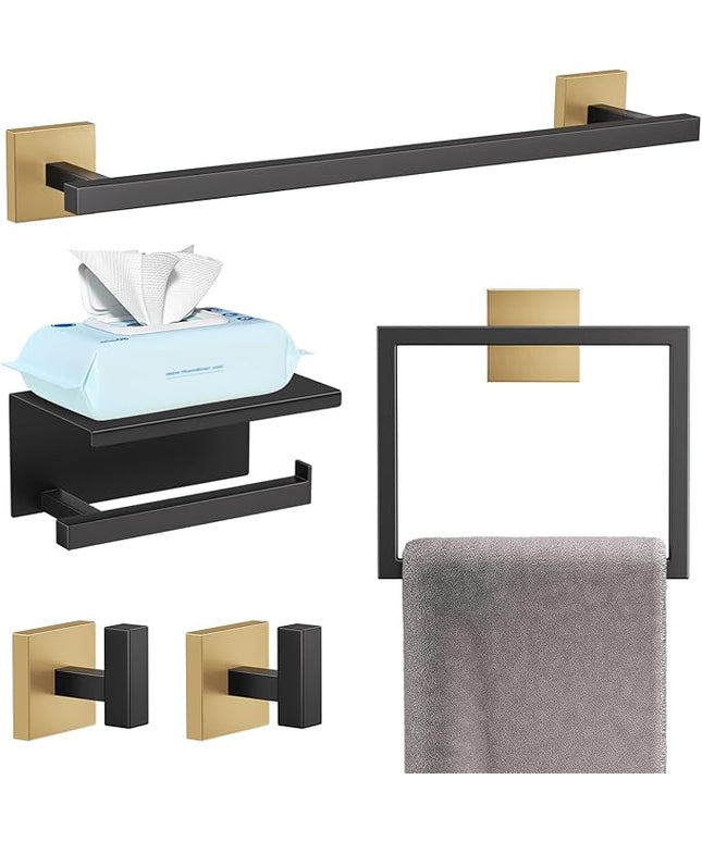 YACVCL 5-Pieces Black and Gold Bathroom Hardware Accessories Set Stainless Steel Bathroom Towel Bar Set Towel Holder Set for Bathroom,Upgraded Toilet Paper Holder with Shelf,Wall Mounted 23.6"