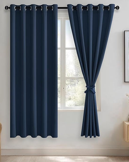 JIUZHEN Navy Blackout Curtains with Tiebacks - Thermal Insulated, Light Blocking and Noise Reducing Grommet Curtains for Bedroom and Living Room, Set of 2 Window Curtain Panels, 60 x 72 Inch Length