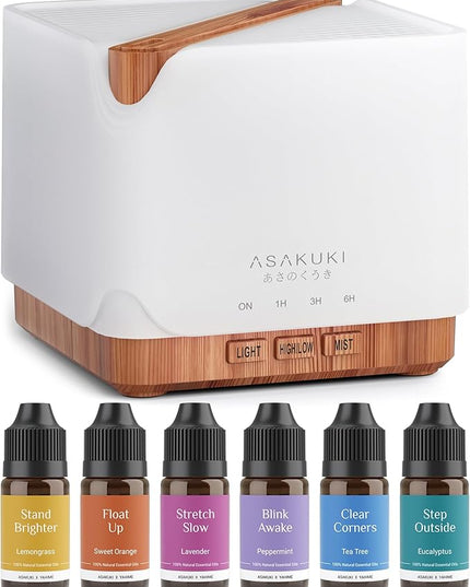 ASAKUKI Essential Oil Diffuser 700ml, Ultrasonic Aromatherapy Humidifier with Top 6 Essential Oils Set, 7 LED Colors, Timer & Auto-Off, Large Room Diffuser