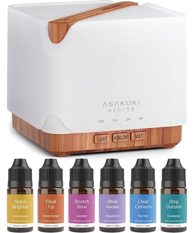 ASAKUKI Essential Oil Diffuser 700ml, Ultrasonic Aromatherapy Humidifier with Top 6 Essential Oils Set, 7 LED Colors, Timer & Auto-Off, Large Room Diffuser