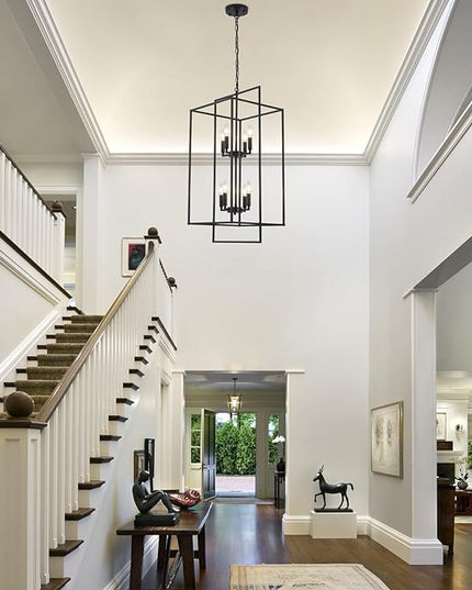 Black Farmhouse Chandelier, Extra Large Tiered Lantern Pendant Light 15.75" Entryway Light Fixture, Industrial Staircase Chandelier for Foyer Entryway Hallway, Lacquered Black(8 Lights)